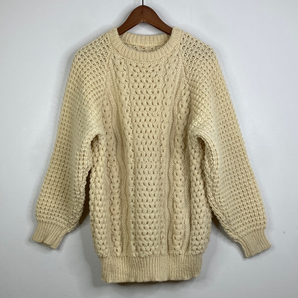 Vintage Sweater Mens 44 Large Cream Wool Cable Knit Pullover Classic Retro